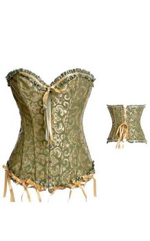 Green Gold Floral Sartin Overbust Corset Boned Strapless Corset